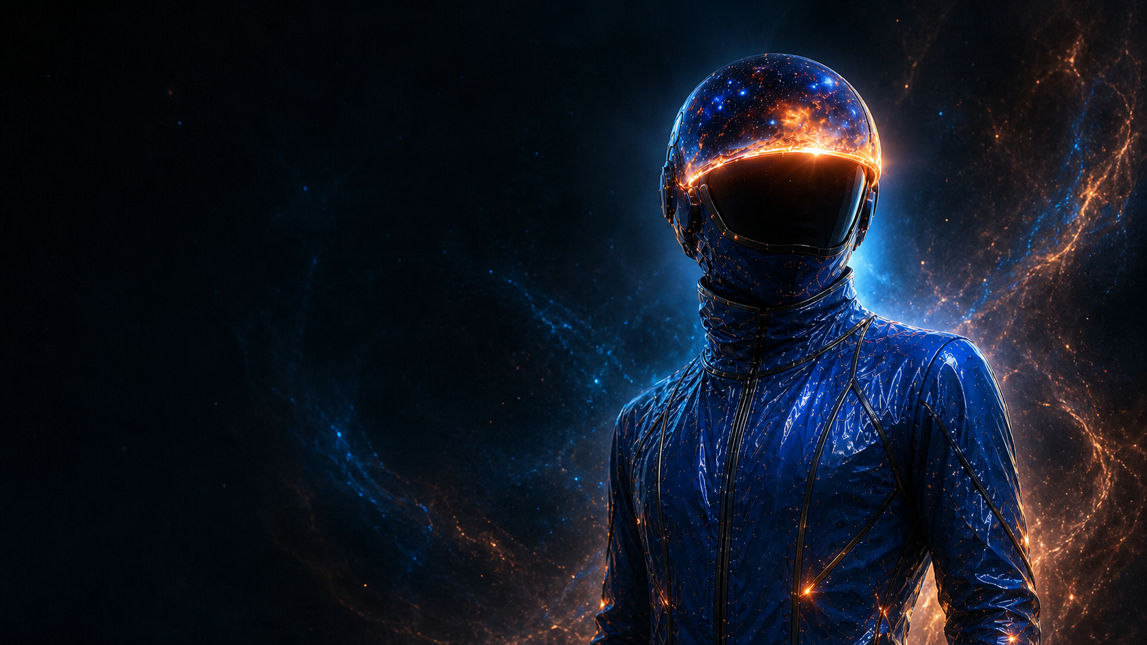 IO emerging from the void in a luminous cobalt suit and cosmic helmet