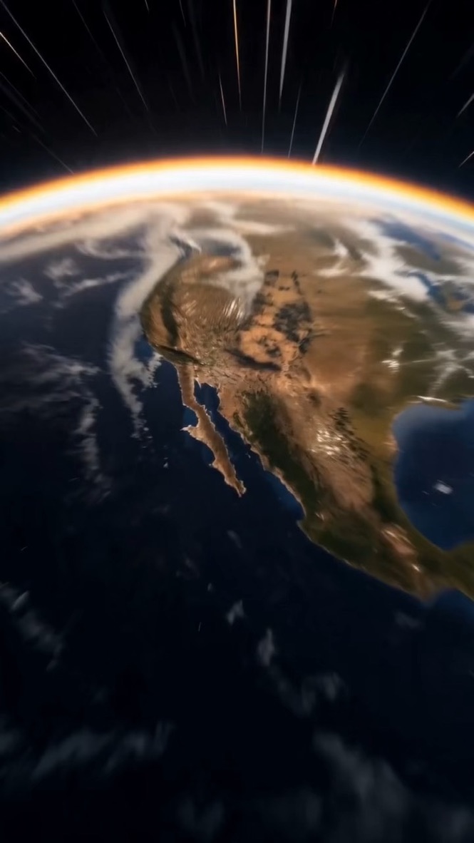 A cinematic view of Earth from space with streaks of light overhead