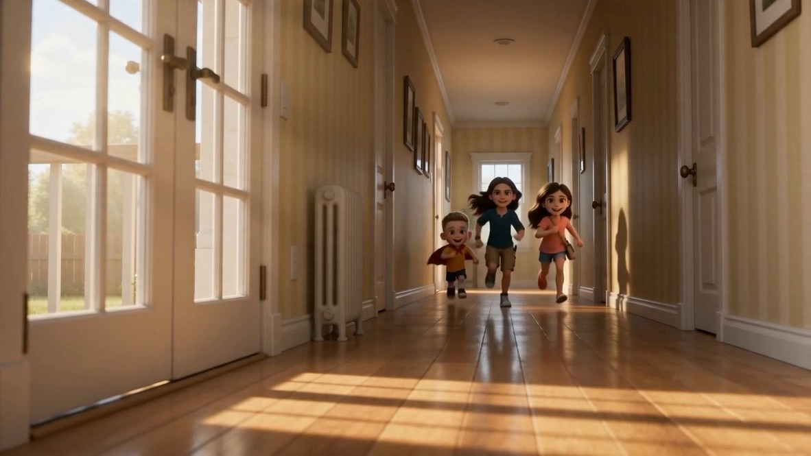 Three animated children running through a sunlit hallway