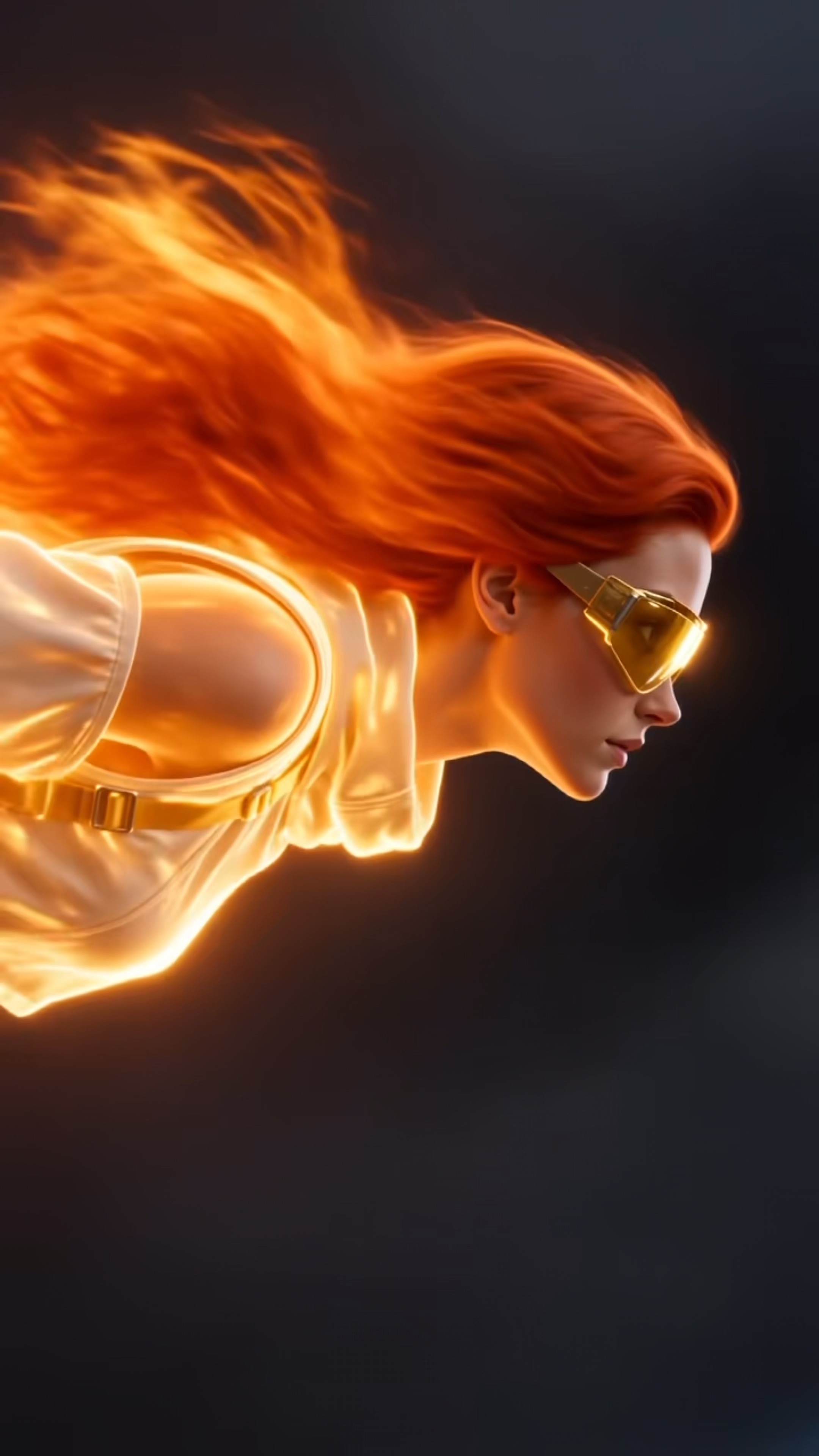 Callie, the red-haired Guardian of Beginnings, running through golden light